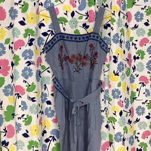 Spartina 449 Arley Embroidered Blue Linen Jumpsuit Sz 10 Oyster Factory Wide Leg